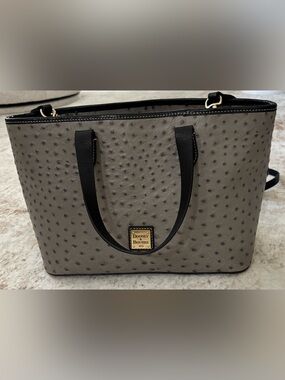 Dooney & Bourke Ostrich Embossed Tote Bag Taupe Gray Black Trim Shoulder Bag